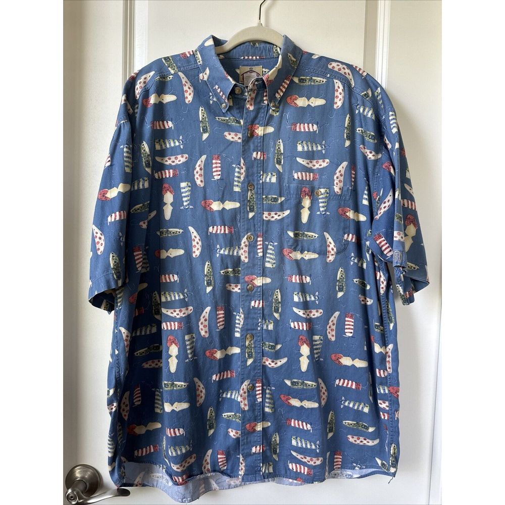Vtg Barn Fly Shirt Mens Large Blue Fishing Lures All Over Print Western SS USA